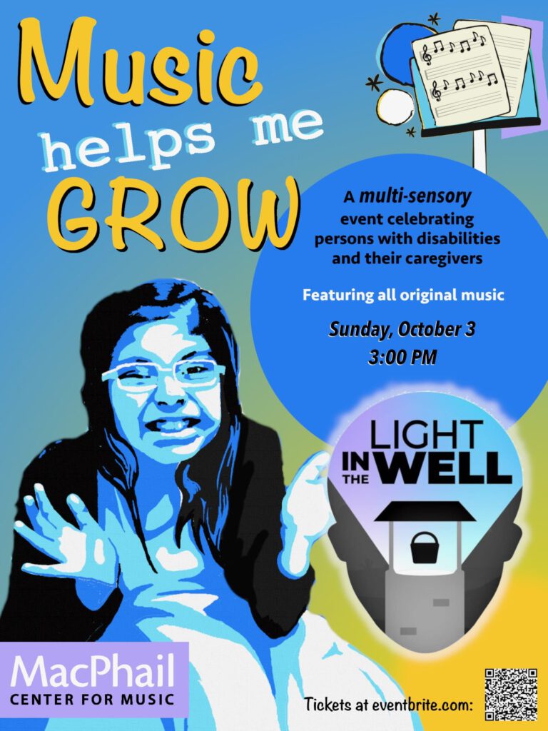 Poster reading "Music helps me Grow" for the Light in the Well event, Sunday, October 3 at 3 PM at MacPhail Center for Music, with a stylized illustration of a girl wearing glasses