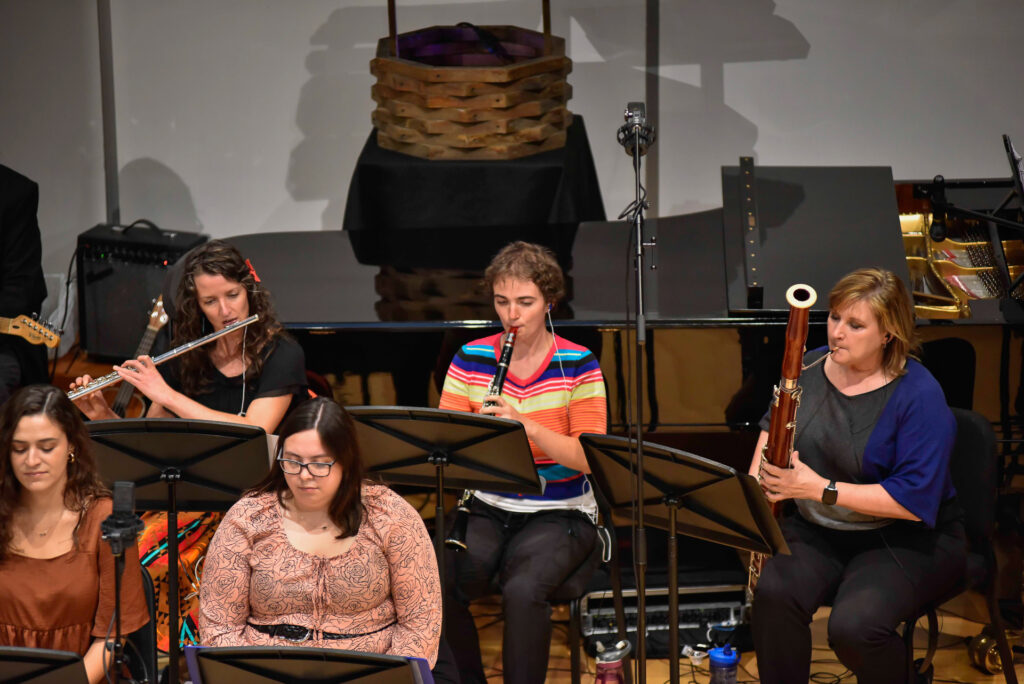 A flutist, clarinetist, and bassoonist perform together in the woodwind section