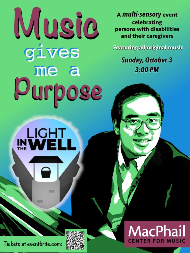 Poster reading "Music gives me a Purpose" for the Light in the Well event, Sunday, October 3 at 3 PM at MacPhail Center for Music, with a stylized illustration of a man wearing glasses