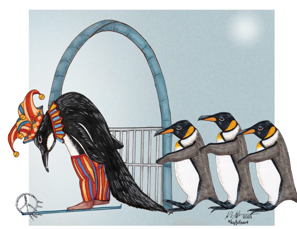 Illustration of a tall bowing bird figure dressed as a jester in striped pantaloons, standing before a barred archway as three king penguins march toward it, a broken peace-sign staff lying on the ground