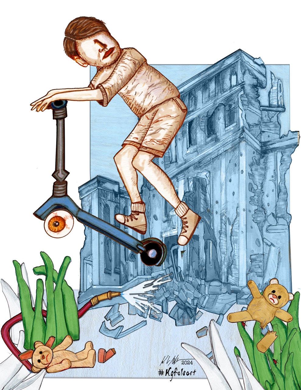 Illustration in sepia and blue tones of a boy riding a scooter over a spraying garden hose amid grass and fallen teddy bears, in front of a crumbling ruined building