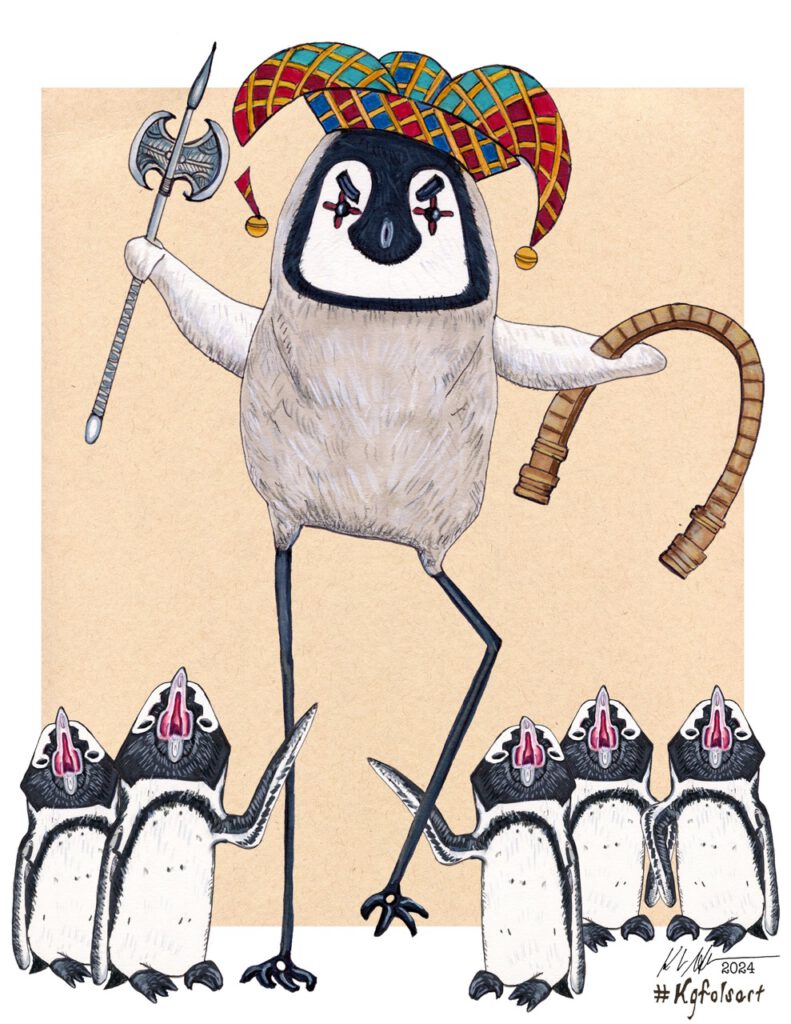 Illustration of a tall penguin figure in a jester hat wielding a battle axe and a whip, standing over five smaller singing penguins with open beaks
