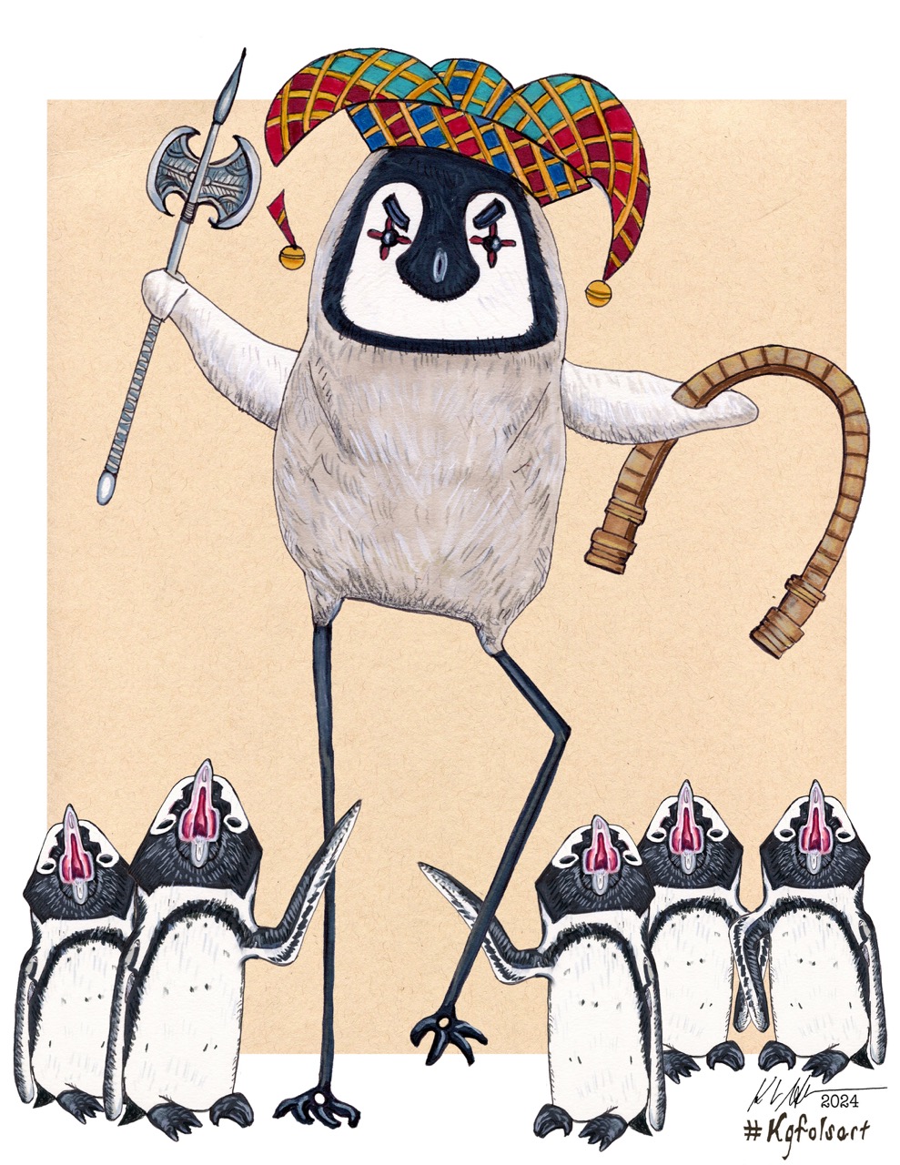 Illustration of a tall penguin figure in a jester hat wielding a battle axe and a whip, standing over five smaller singing penguins with open beaks