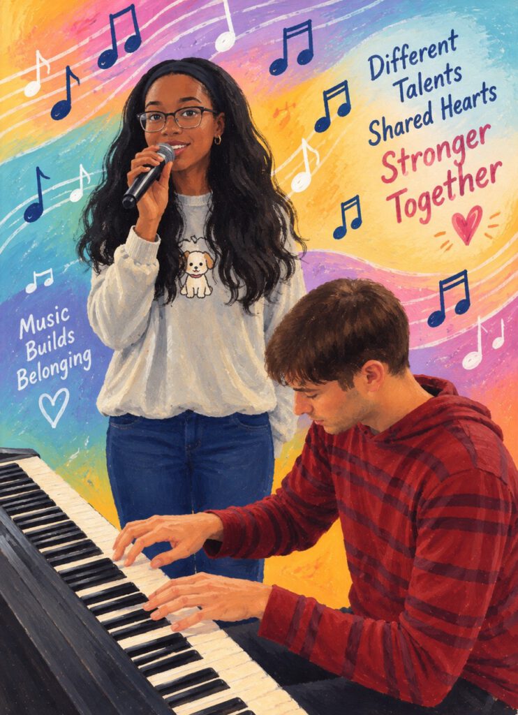 An illustration of a woman singing into a microphone and a man playing piano, with text reading: Music Builds Belonging, Different Talents, Shared Hearts, Stronger Together