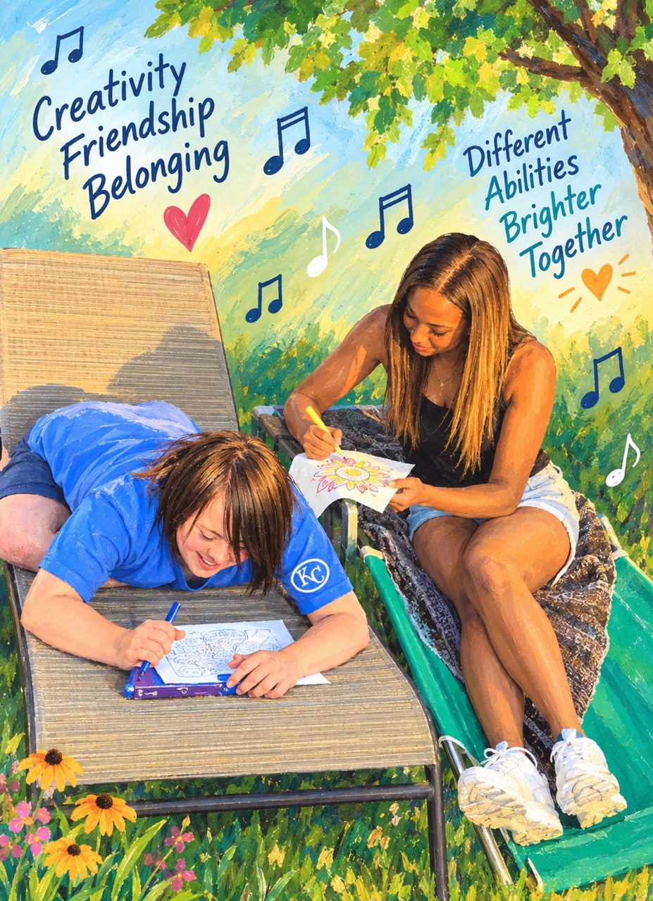 Two people drawing together outdoors with text: Creativity, Friendship, Belonging. Different Abilities, Brighter Together