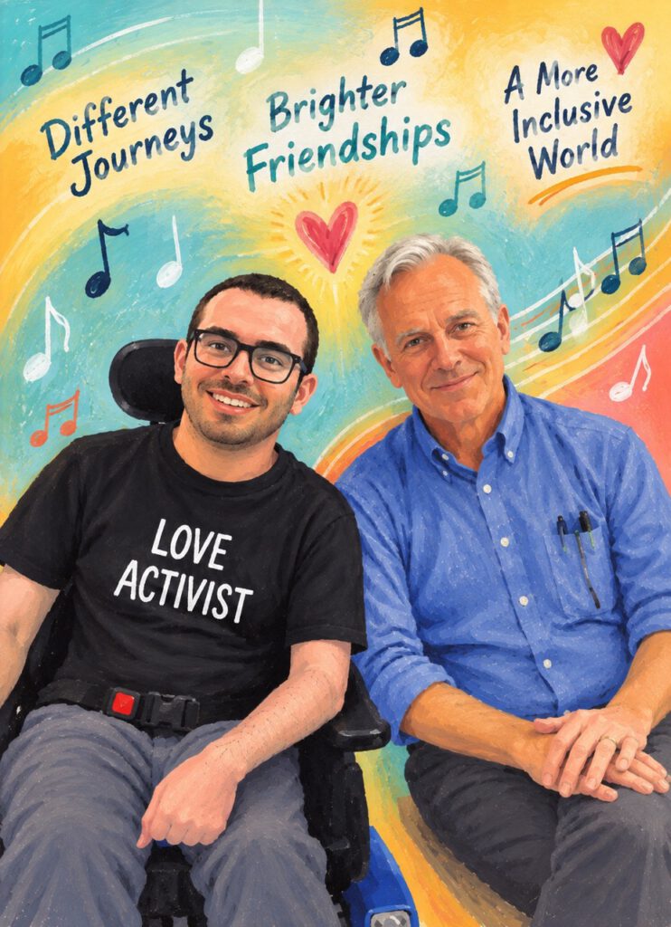 Two smiling men, one using a wheelchair wearing a Love Activist shirt, with the text: Different Journeys, Brighter Friendships, A More Inclusive World