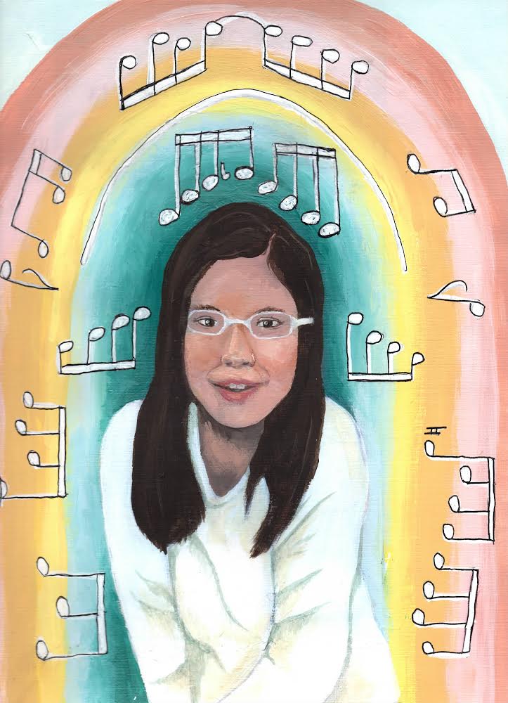 Portrait painting of a smiling young woman with long dark hair and glasses, wearing white, framed by a pink-yellow-teal rainbow arch and surrounded by musical notes