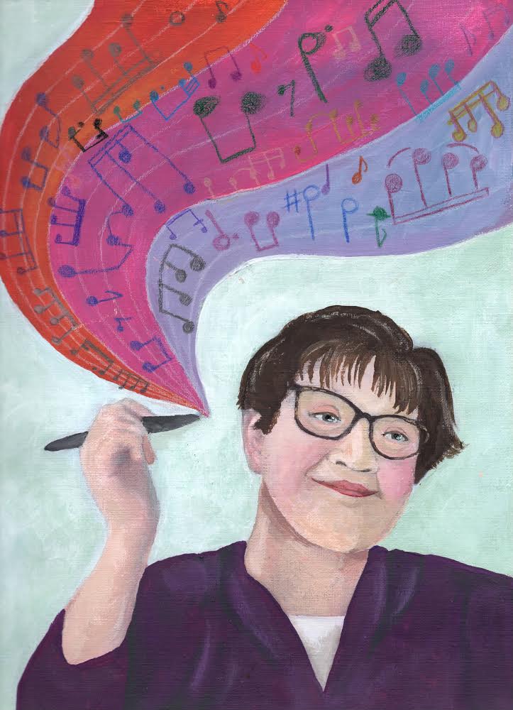 Portrait painting of a smiling person with short brown hair and glasses, raising a hand holding a pen, with a swirling ribbon of colorful musical notes streaming from it in orange, pink and purple
