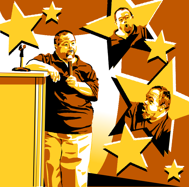 High-contrast digital illustration in gold, orange and black of a man singing into a microphone at a podium, with two smaller repeated portraits of him singing, surrounded by star shapes