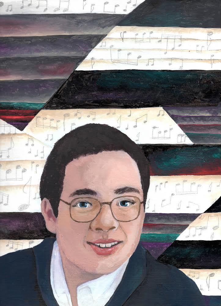 Portrait painting of a smiling man with short dark hair and glasses in a dark blazer, set against an angular background of dark striped color bands and sheet music