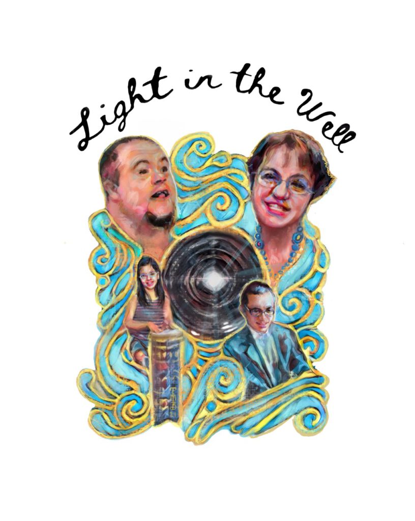 Illustration titled 'Light in the Well' in hand-lettered script, with four portraits framed by a swirling teal and gold ornamental border around a glowing dark circular light at center, one figure shown playing a drum