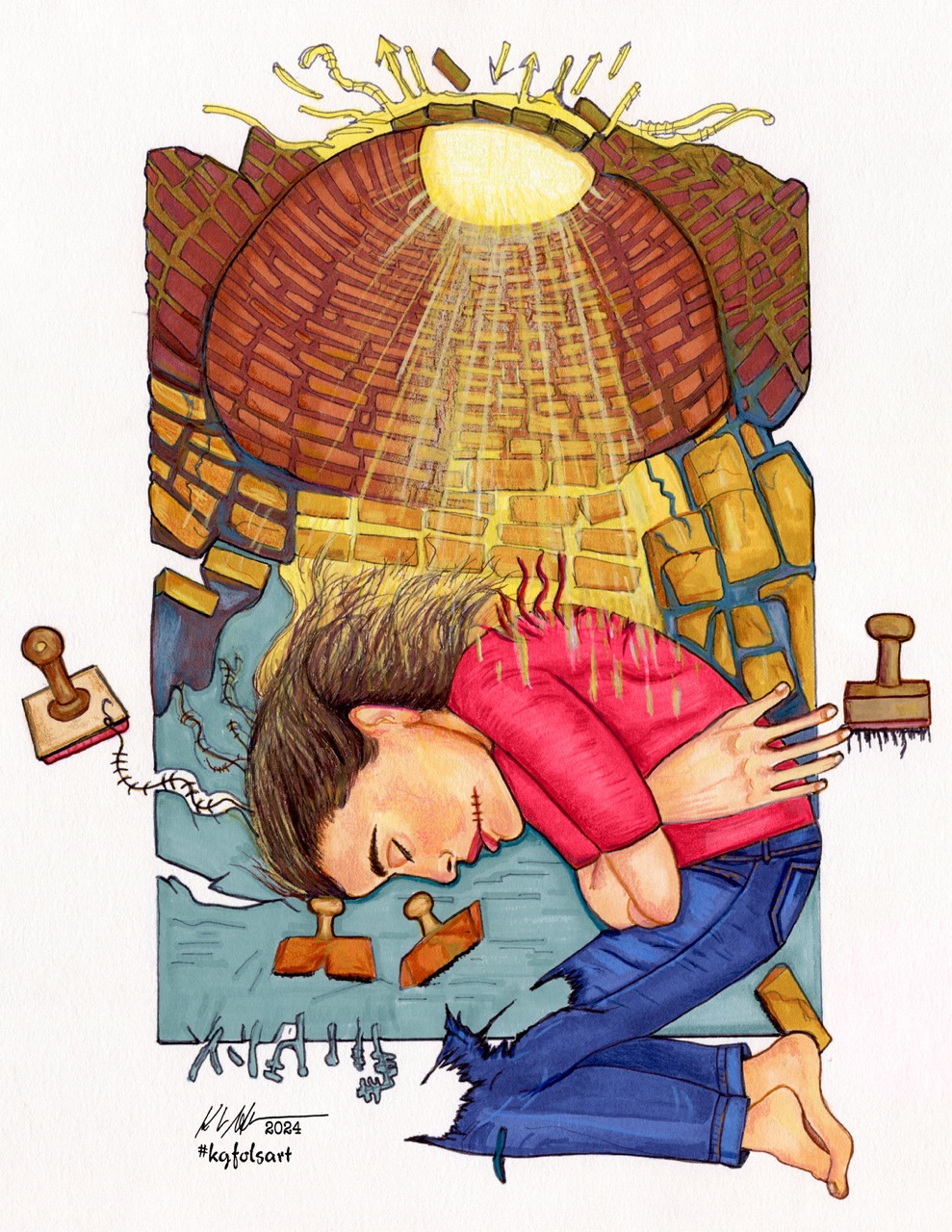 Illustration of a person curled up at the bottom of a brick-lined well, light beaming down through a circular opening above, surrounded by rubber stamps and torn, stitched labels