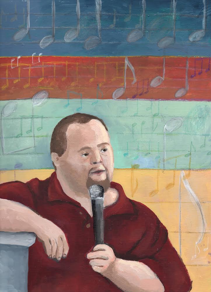 Portrait painting of a man in a maroon polo shirt holding a microphone, set against horizontal bands of blue, orange, teal and yellow with musical notes floating across them