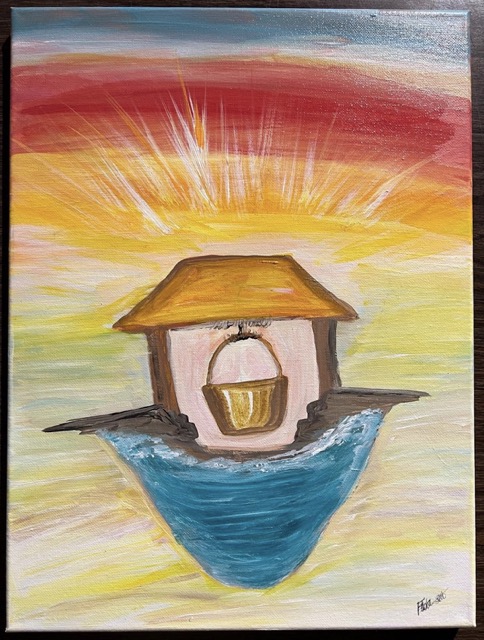 Painting of a small wooden well with a bucket hanging inside it, floating above blue water, with red, orange and yellow sunburst rays radiating behind it