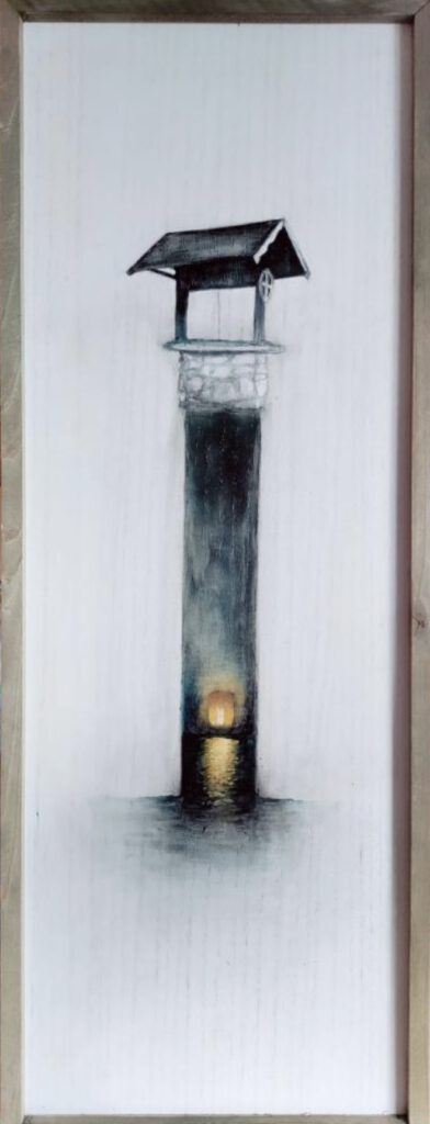 Tall vertical painting of a well shown in cross-section, from its peaked roof down through a long dark shaft to a small glowing light reflected in water at the bottom