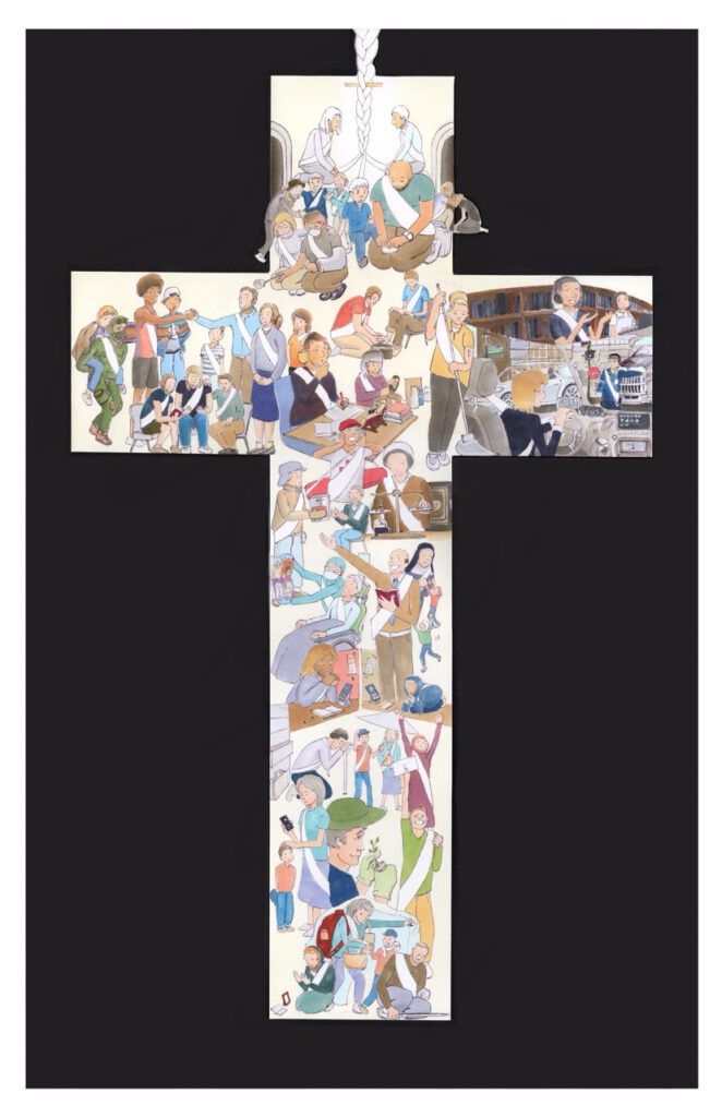 Watercolor on cross-shaped paper filled with small scenes of people talking, studying, driving and planting, each with a white-sashed Christ figure beside them