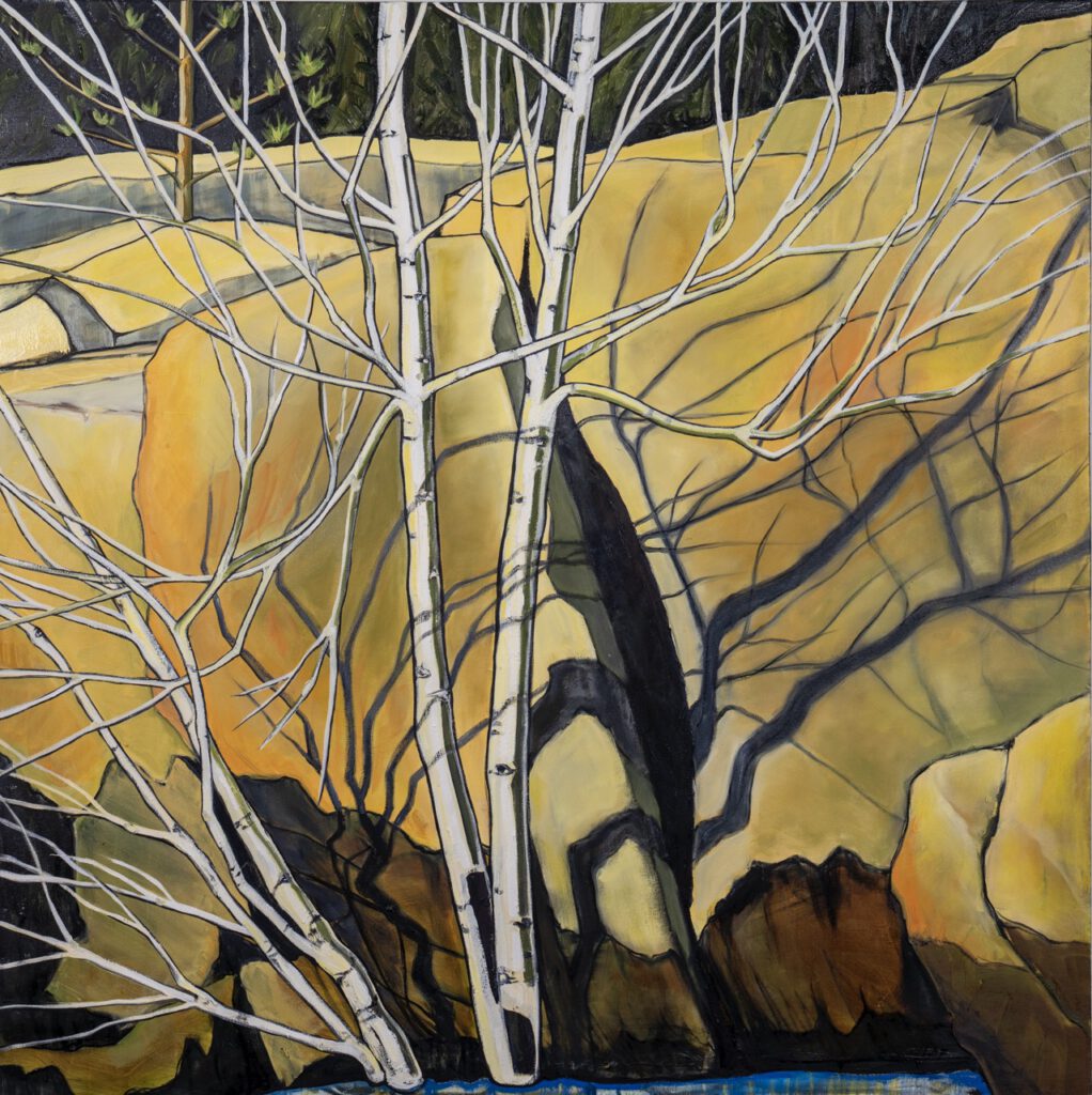 Painting of a young bare birch tree with white branches growing between large golden boulders, above a thin strip of blue stream at the bottom