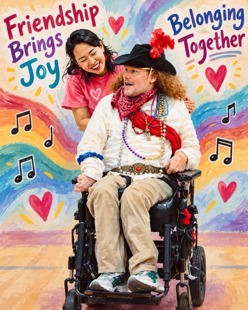 Painted illustration of a smiling woman resting her hand on the shoulder of a man in a cowboy hat and power wheelchair, with the words "Friendship Brings Joy" and "Belonging Together"