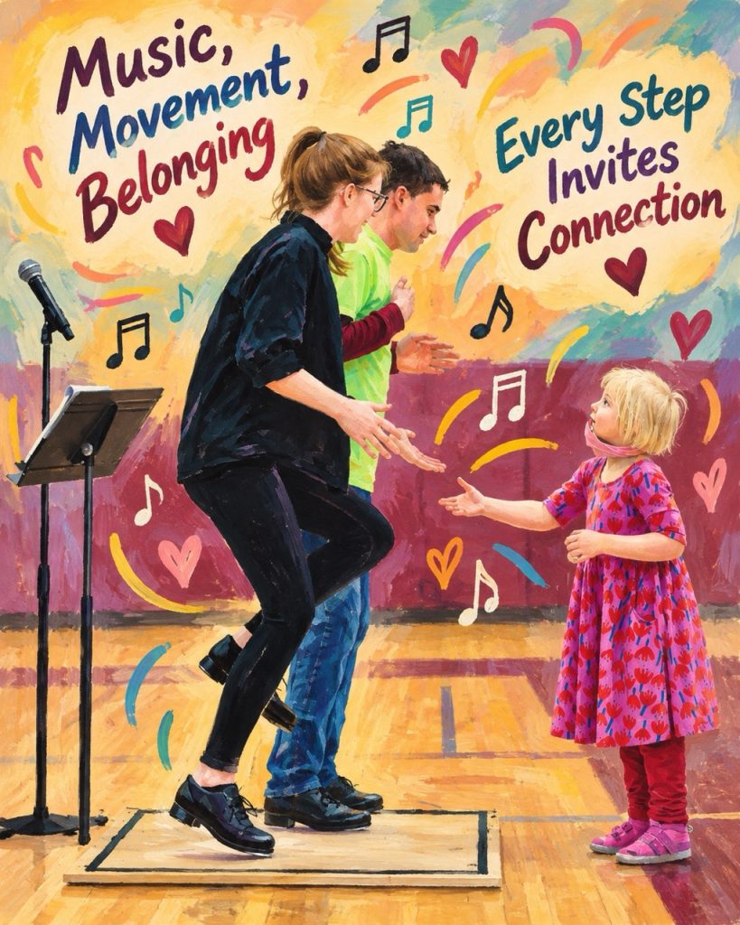 Painted illustration of a woman and a man tap dancing on a board in a school gym while a young girl in a pink dress reaches out to join them, with the words "Music, Movement, Belonging" and "Every Step Invites Connection"