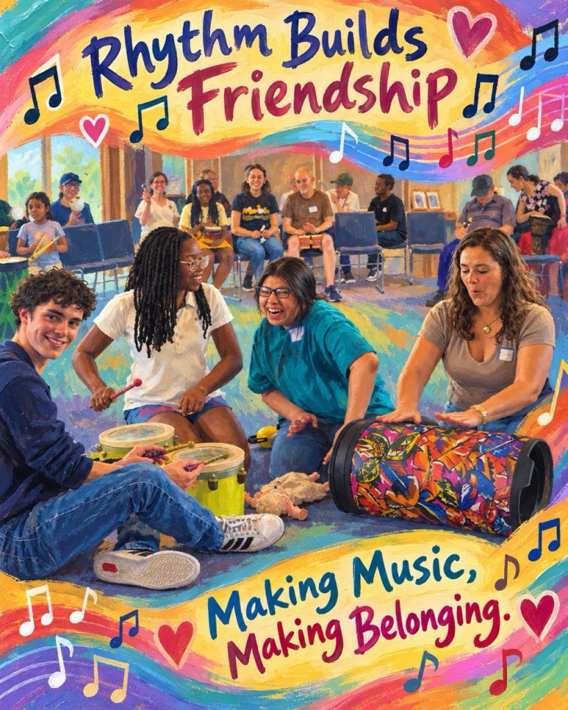 Painted illustration of people of different ages and abilities sitting on the floor playing drums together at a community gathering, with the words "Rhythm Builds Friendship" and "Making Music, Making Belonging"