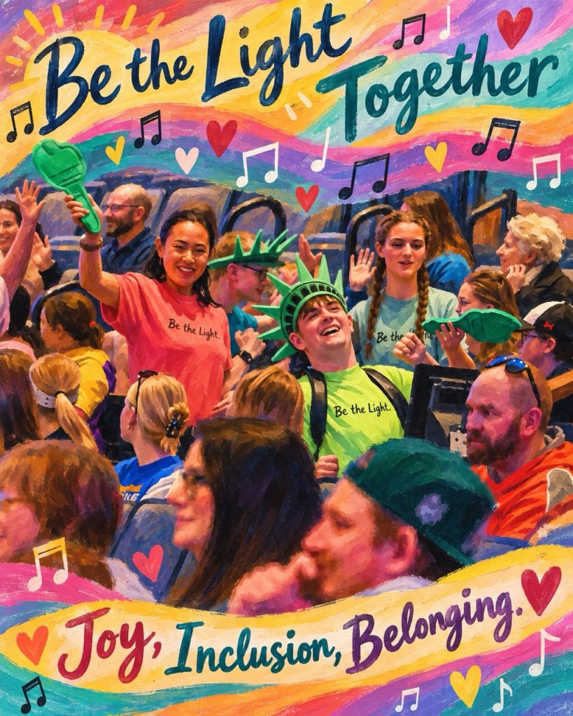 Painted illustration of a cheering theater audience wearing Statue of Liberty crowns and "Be the Light" shirts, with the words "Be the Light Together" and "Joy, Inclusion, Belonging"